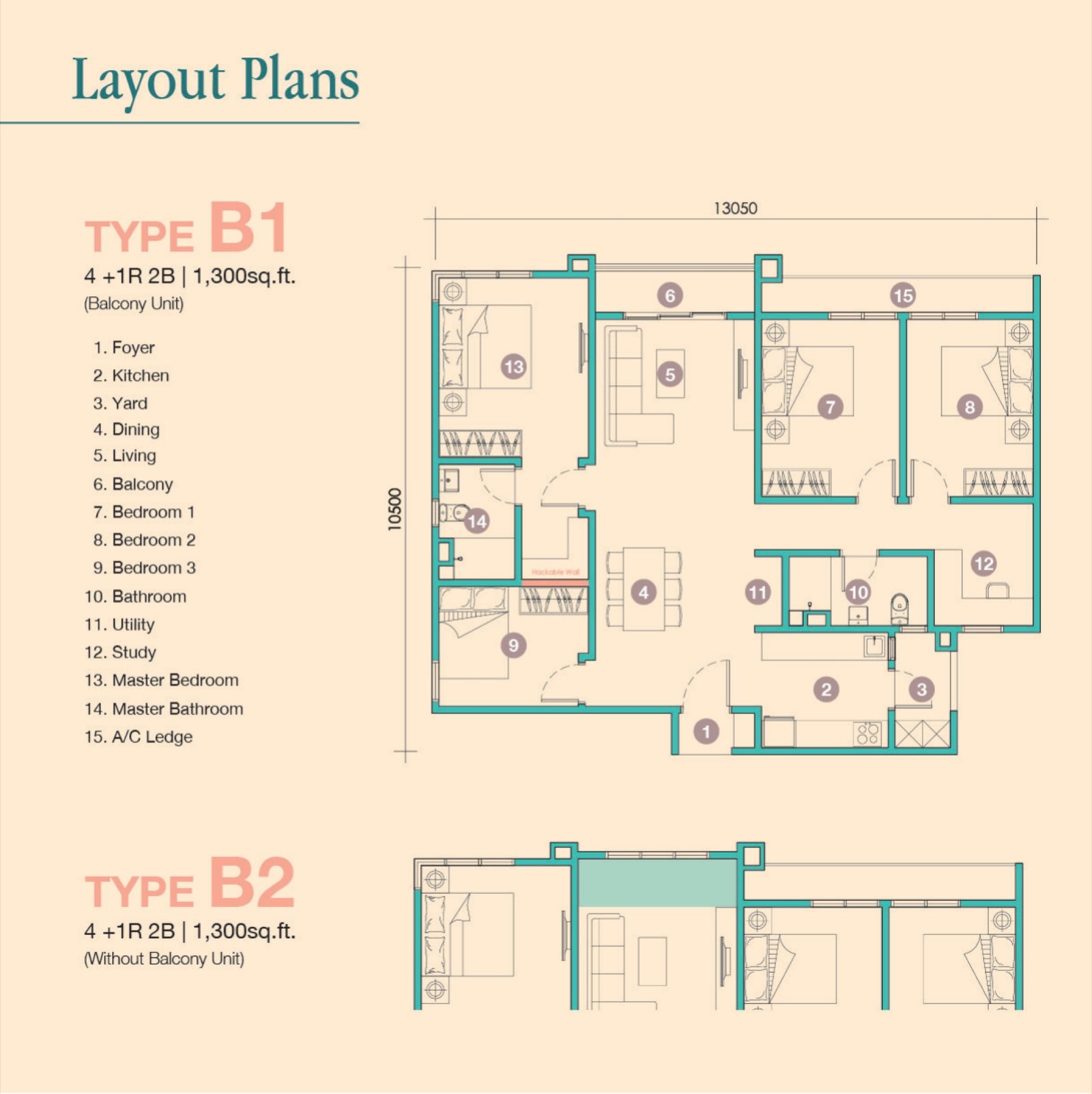 D'Tessera Residences Type B1/B2 floor plan, 4+1 rooms, 1,300 sq ft