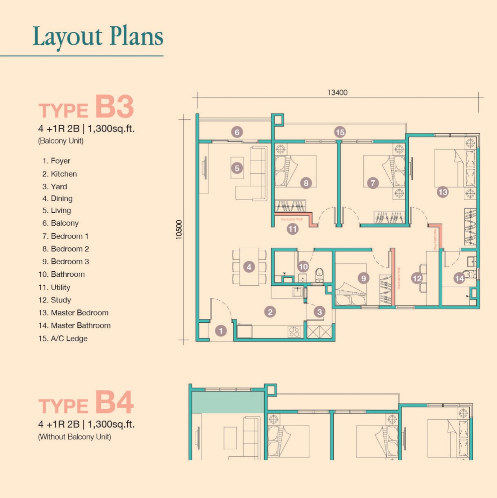 D'Tessera Residences Type B3/B4 floor plan, 4+1 rooms, 1,300 sq ft