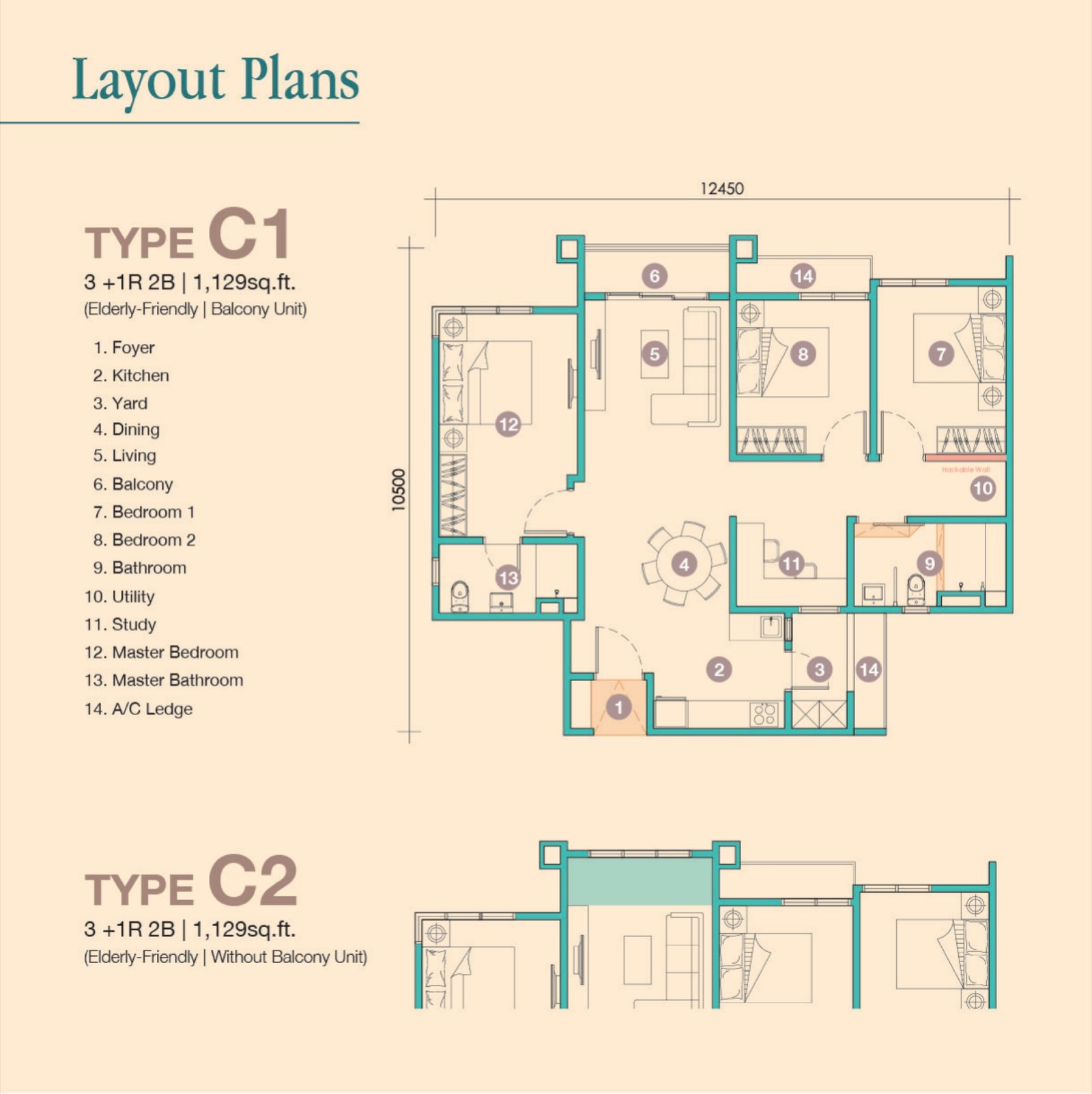 D'Tessera Residences Type C1/C2 elderly-friendly floor plan, 3+1 rooms, 1,129 sq ft