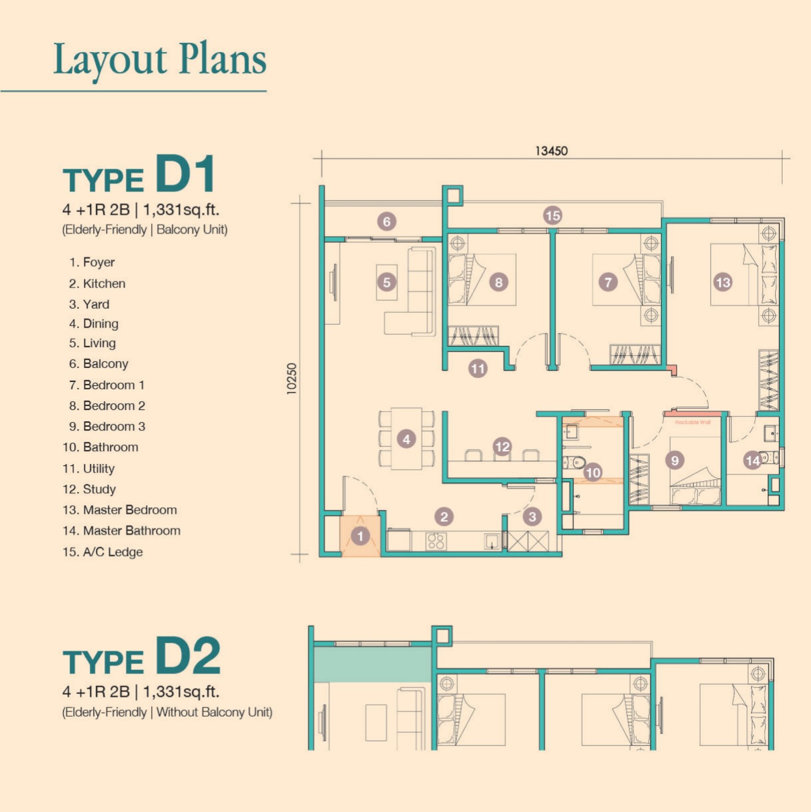 D'Tessera Residences Type D1/D2 elderly-friendly floor plan, 4+1 rooms, 1,331 sq ft