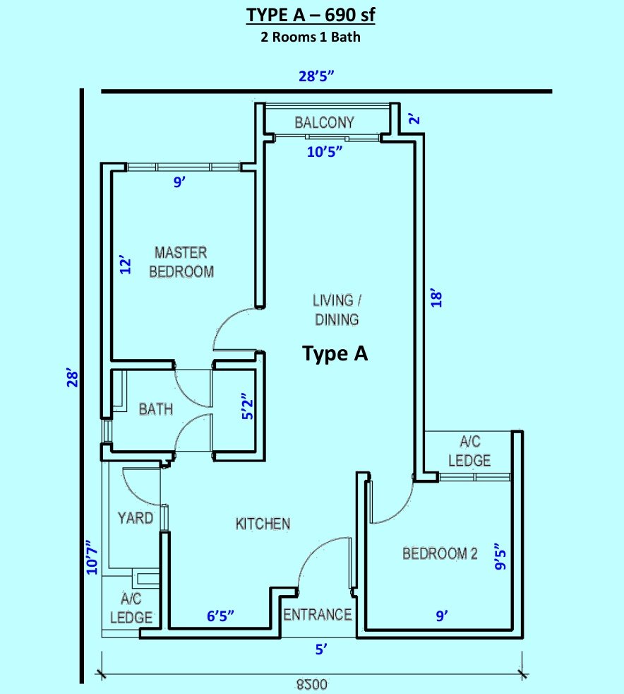 Damansara Livista Type A floor plan, 2 bedroom, 690 sq ft