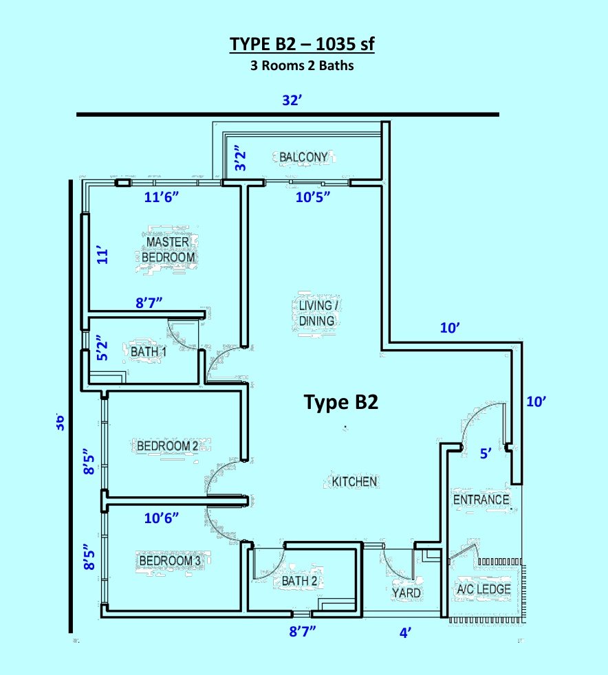 Damansara Livista Type B2 floor plan, 3 bedroom corner, 1,035 sq ft