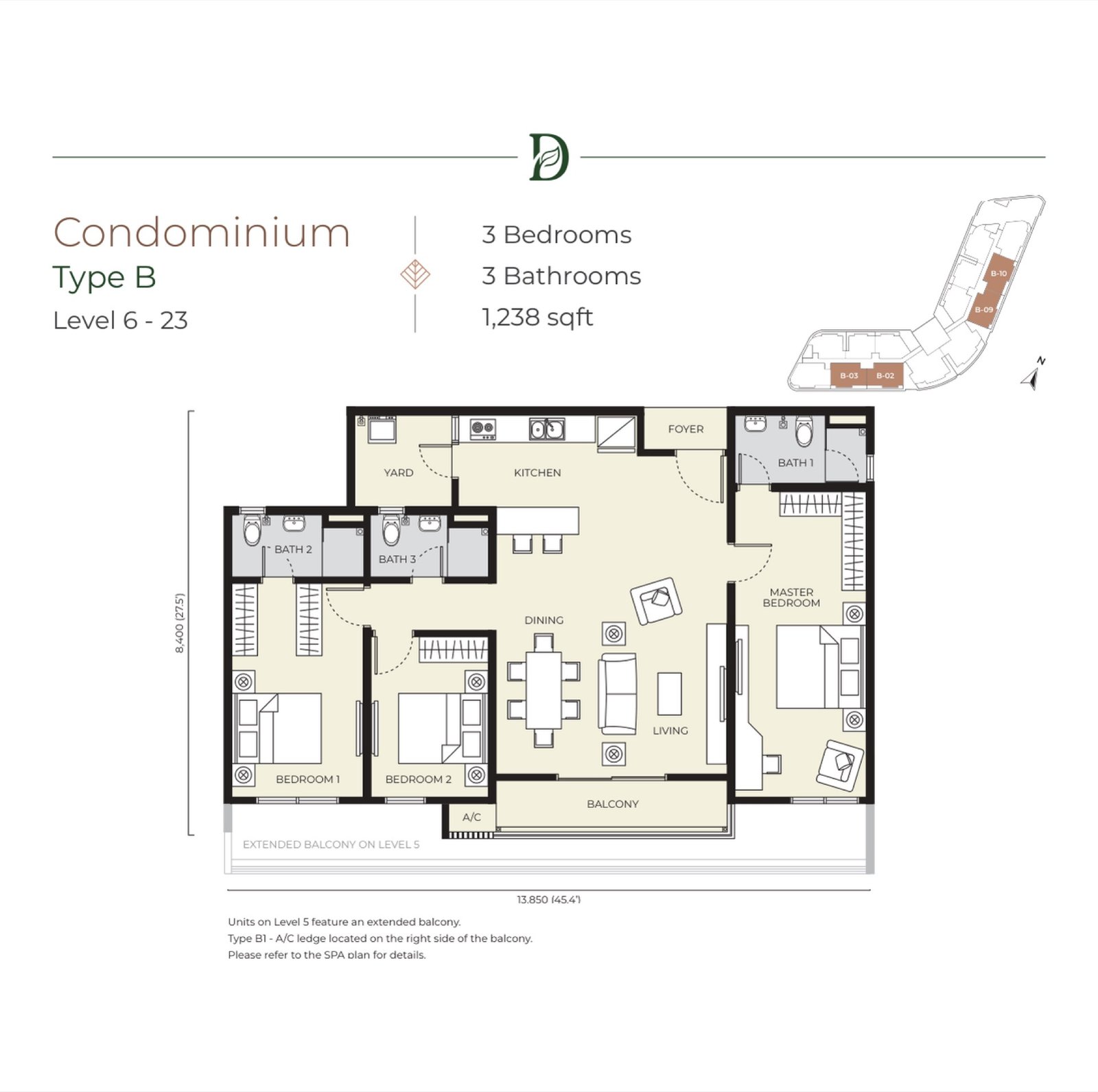 Daya Residence Type B floor plan, 3 bedroom, 1,238 sq ft