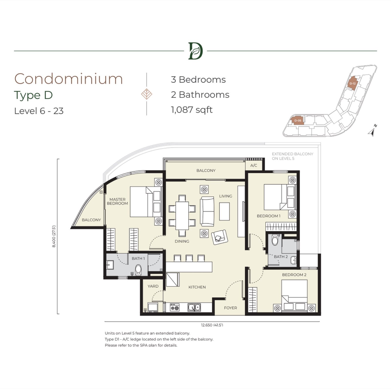 Daya Residence Type D floor plan, 3 bedroom, 1,087 sq ft