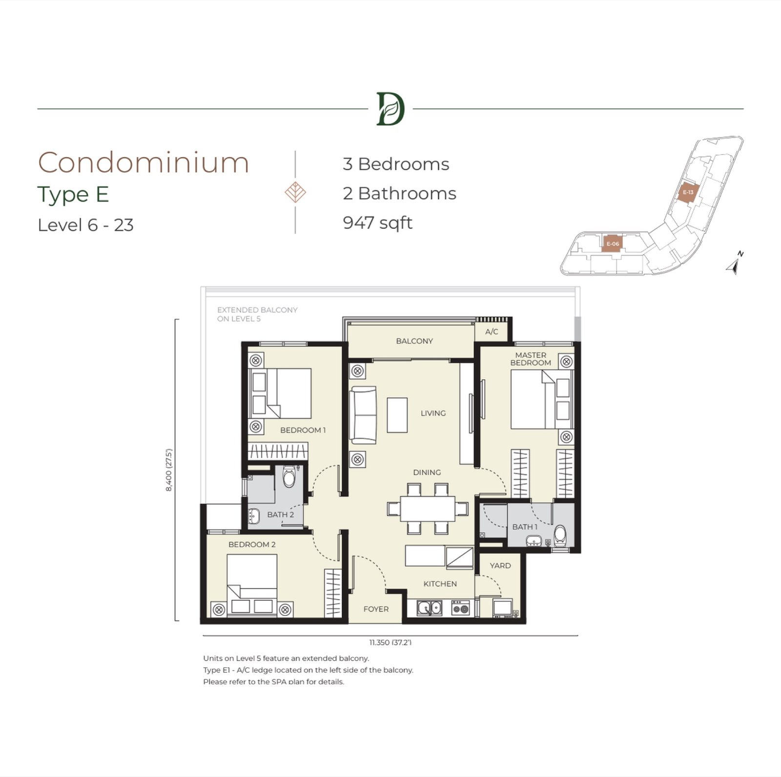 Daya Residence Type E floor plan, 3 bedroom, 947 sq ft
