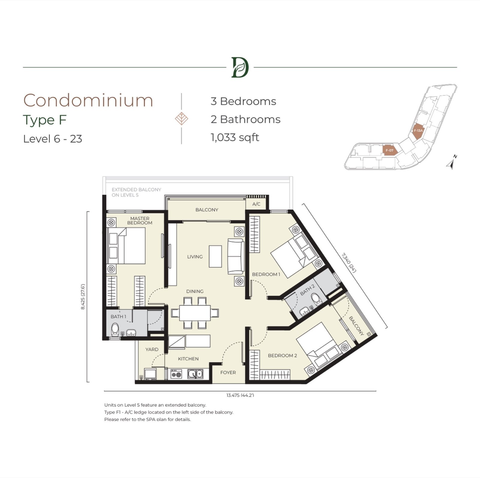 Daya Residence Type F floor plan, 3 bedroom, 1,033 sq ft
