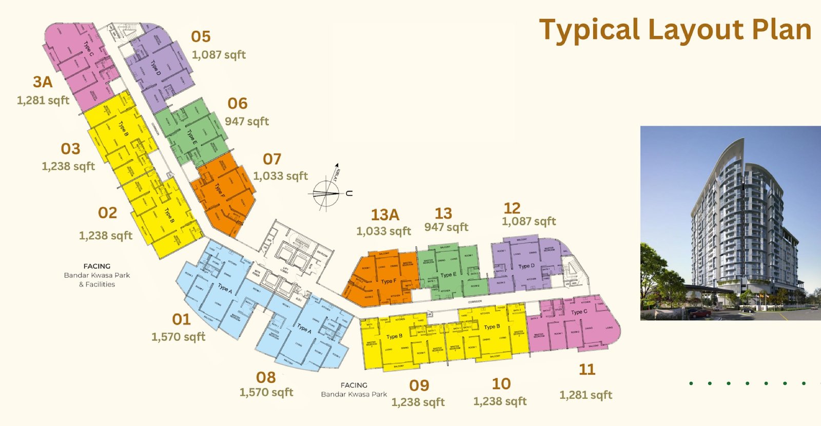 Daya Residence condominium typical floor plan with unit sizes