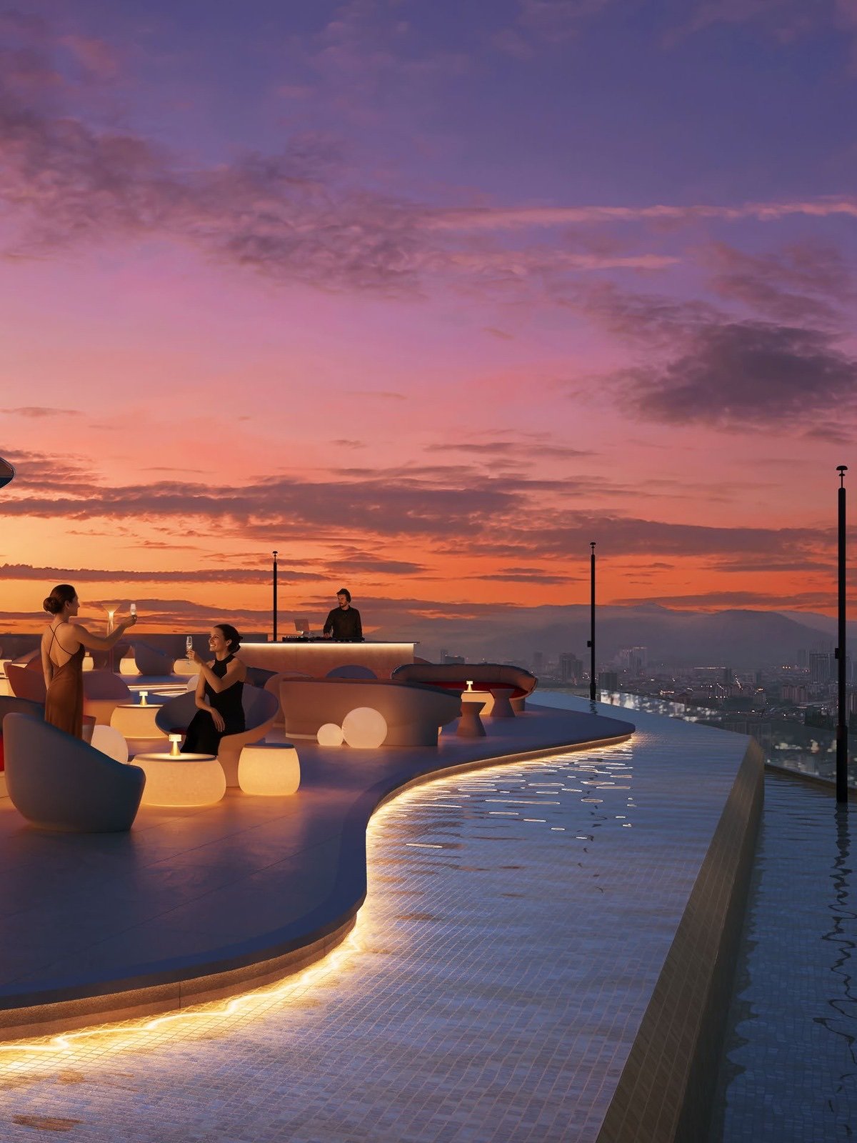 DIVINE KL City Centre proposed rooftop bar deck at sunset: artist's impression
