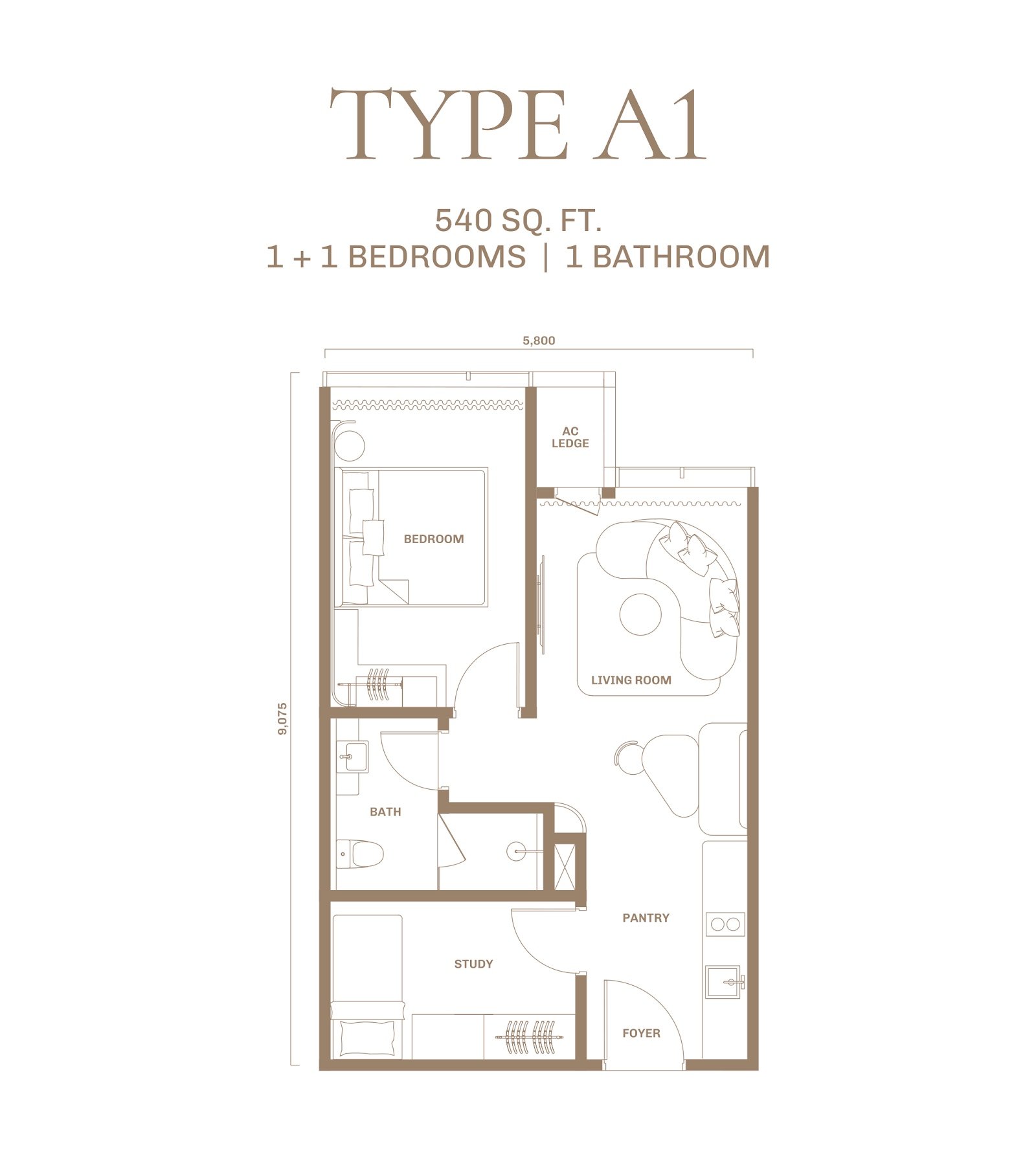 DIVINE KL City Centre Type A1 floor plan, 1+1 bedroom, 540 sq ft