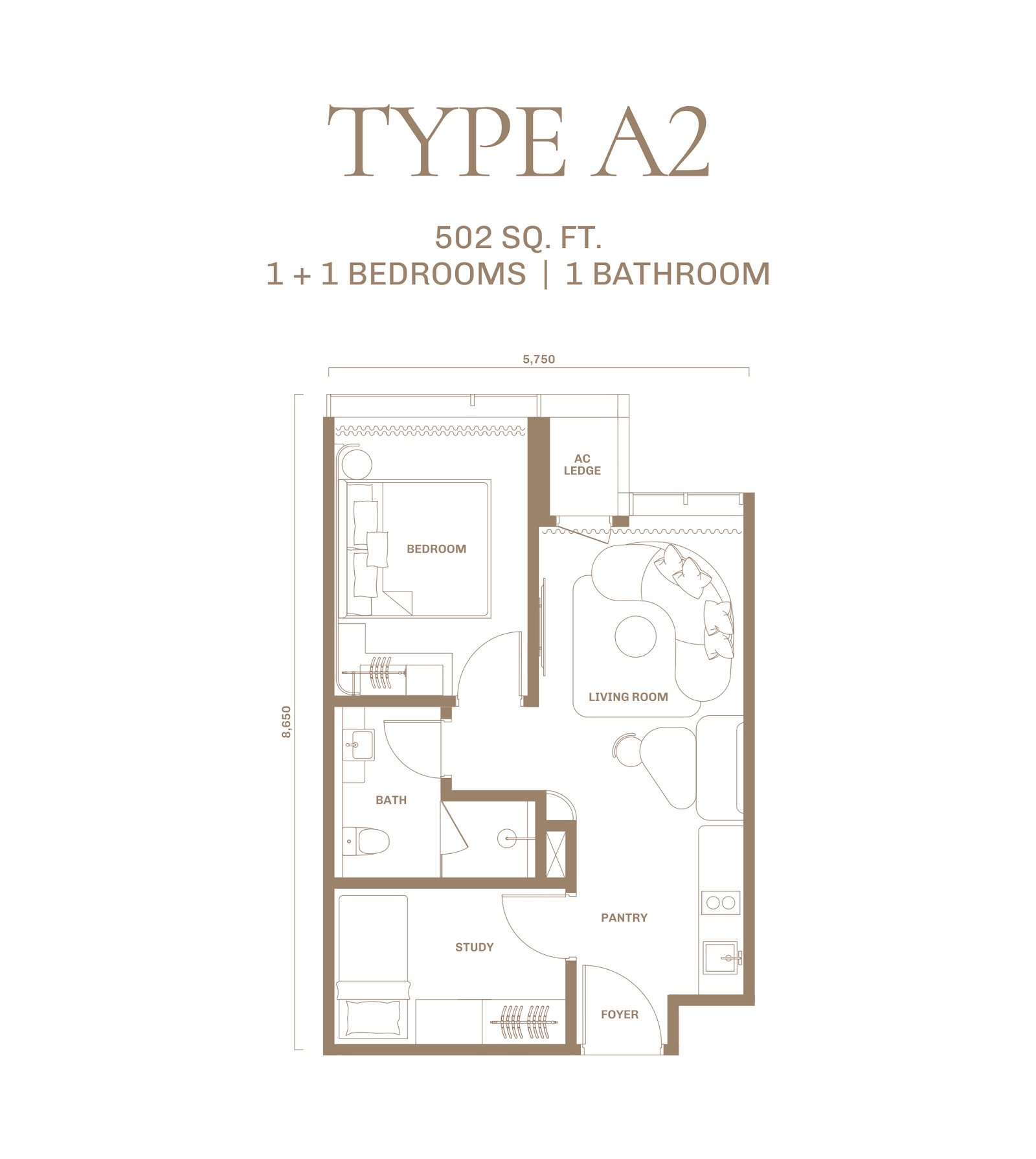 DIVINE KL City Centre Type A2 floor plan, 1+1 bedroom, 502 sq ft