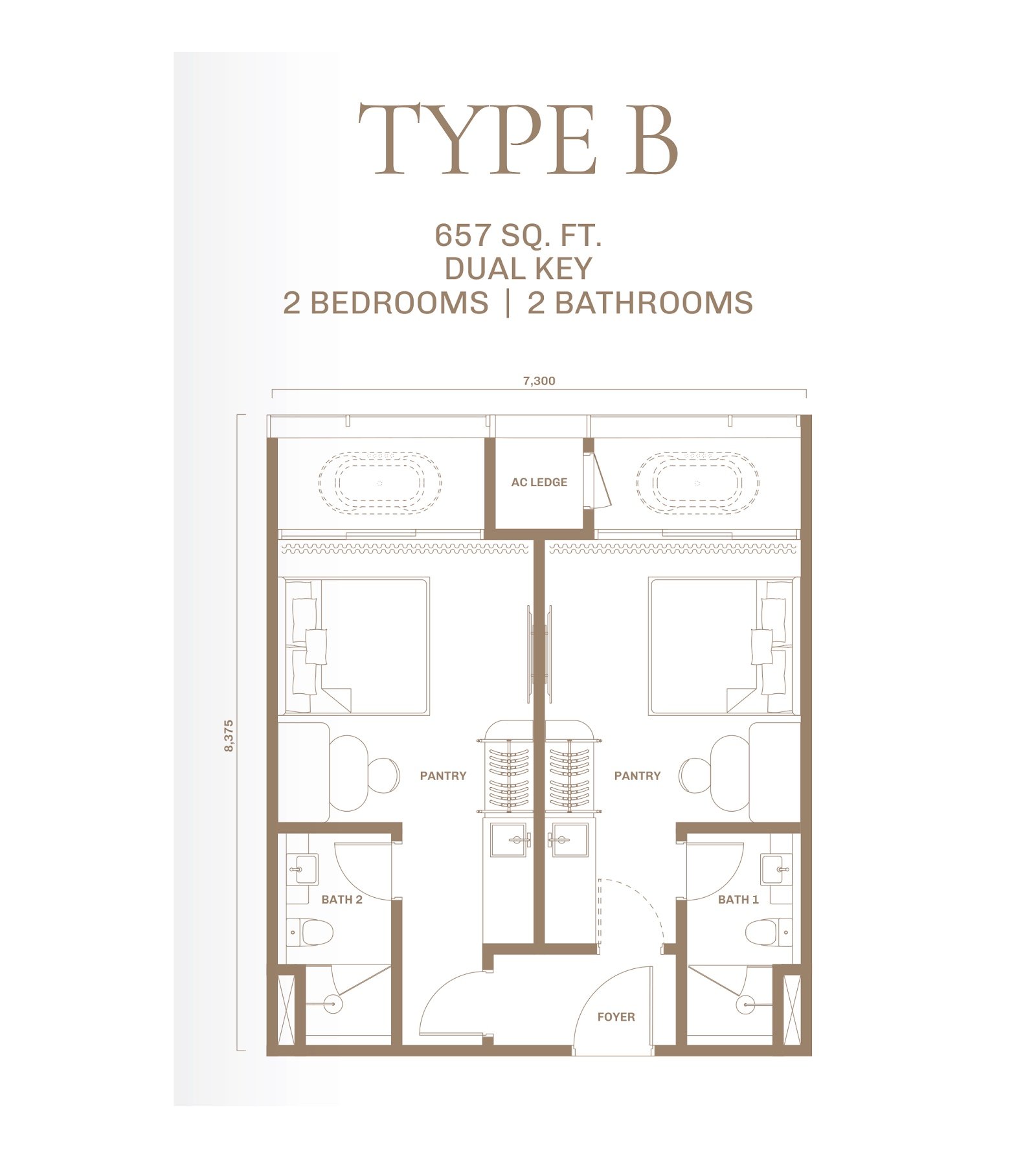 DIVINE KL City Centre Type B floor plan, dual key, 2 bedroom, 657 sq ft