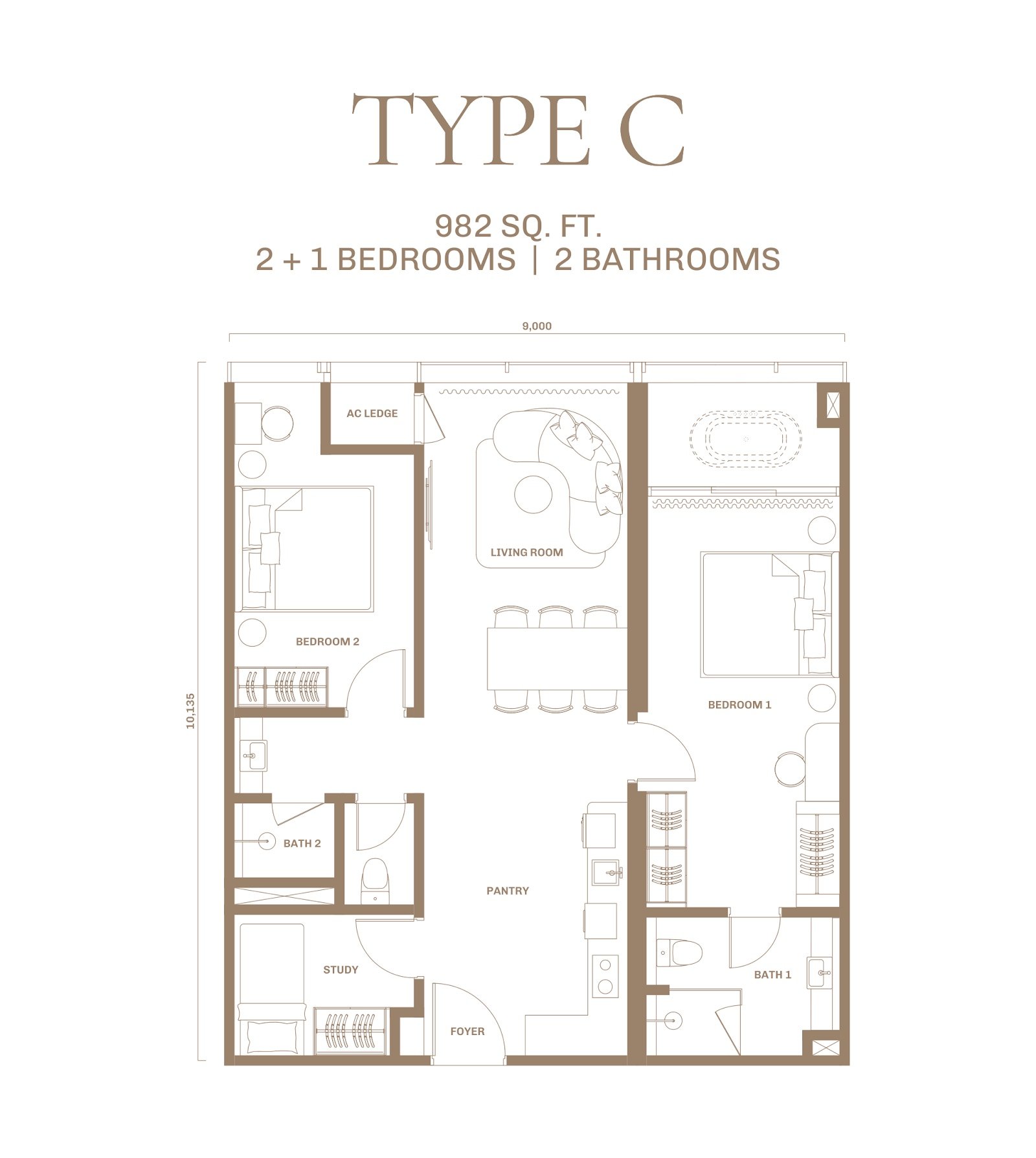 DIVINE KL City Centre Type C floor plan, 2+1 bedroom, 982 sq ft