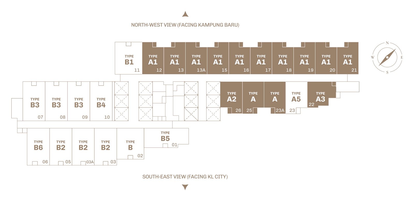DIVINE KL City Centre unit key plan showing unit types and view directions
