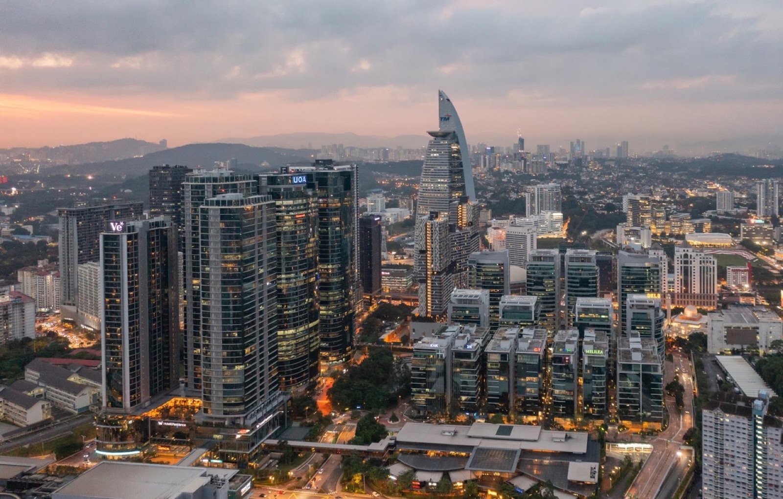 Bangsar South business district at dusk, aerial photo
