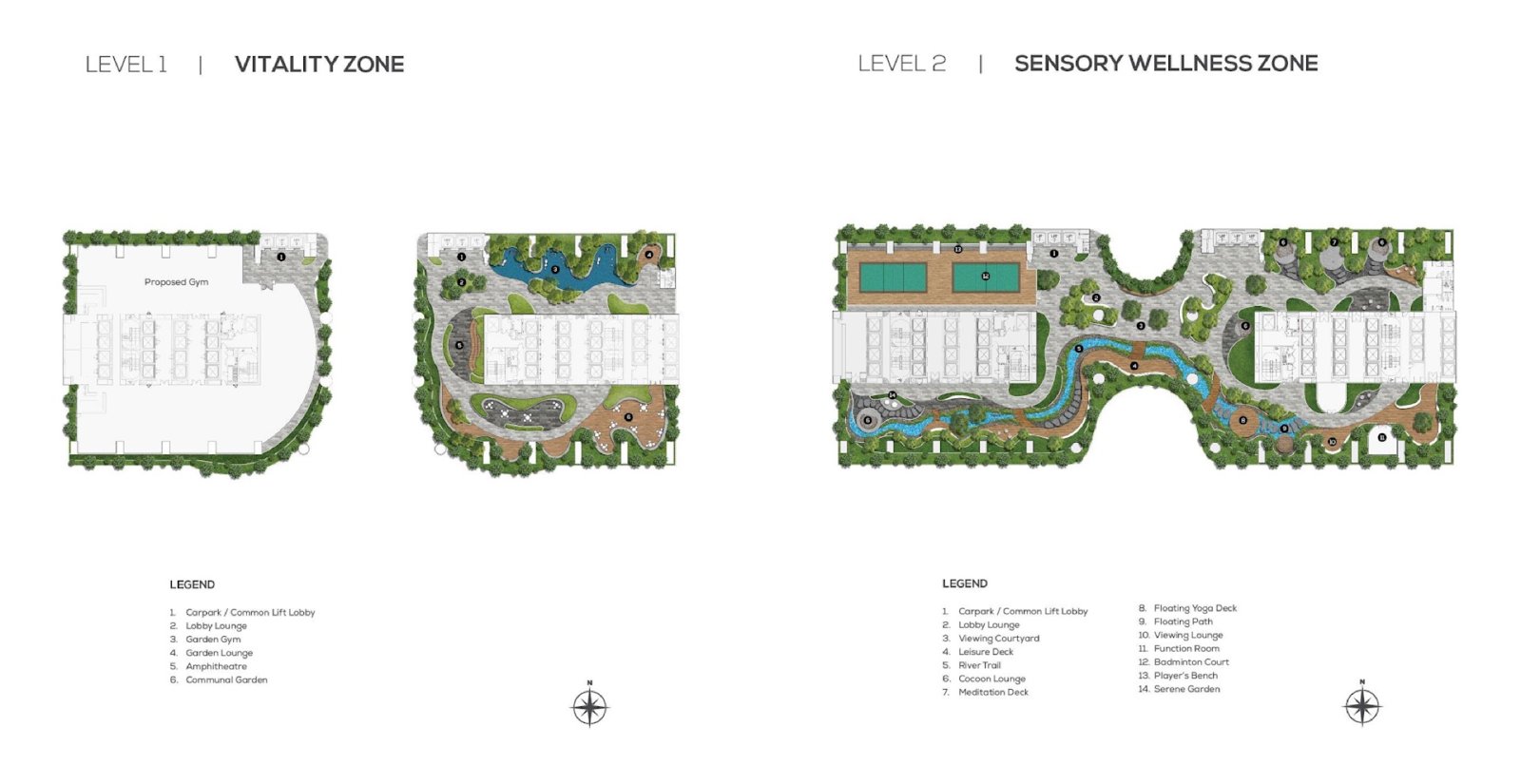 Duo Tower facilities plan: Level 1 Vitality Zone and Level 2 Sensory Wellness Zone