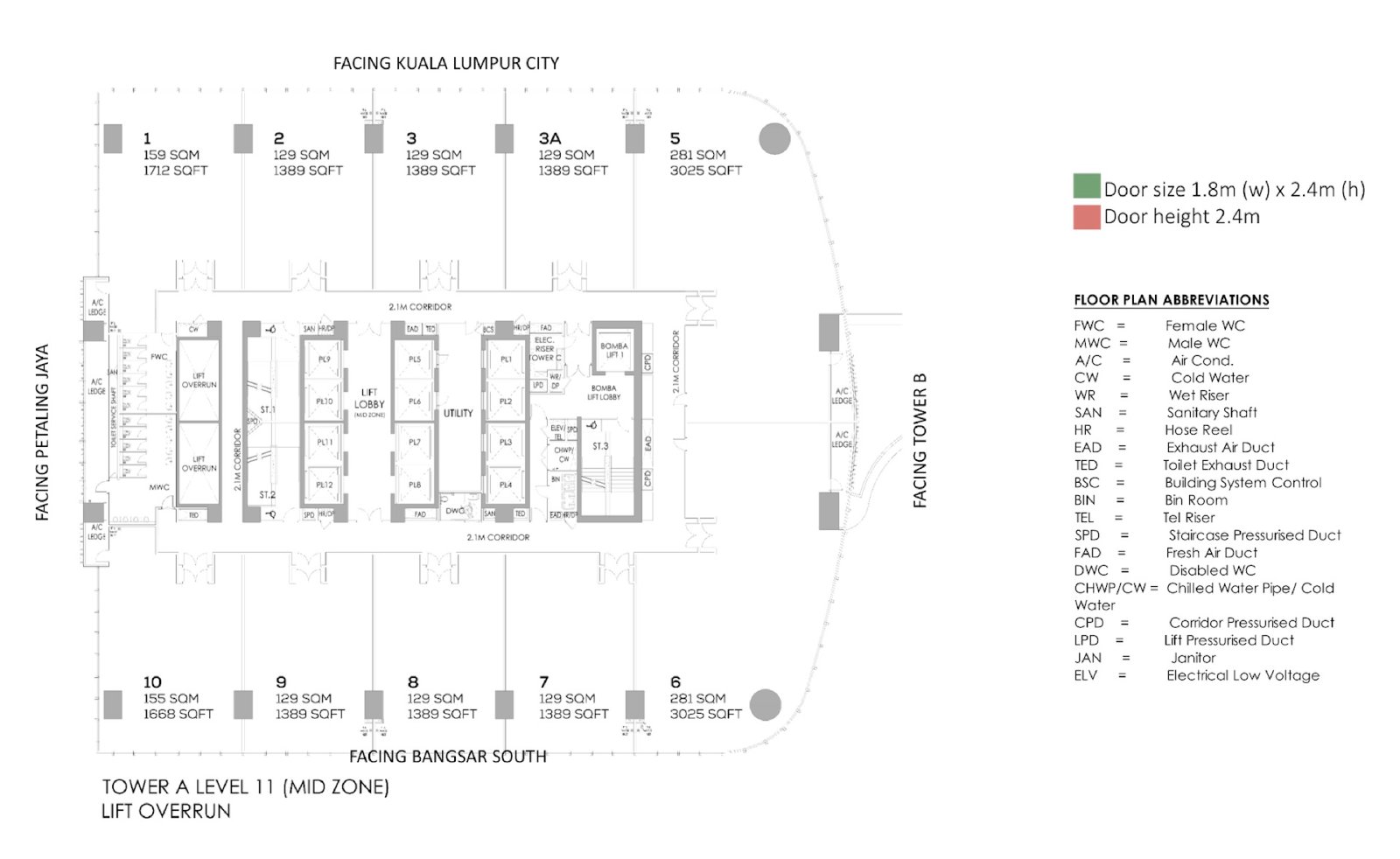 Duo Tower Tower A Level 11 floor plan (mid zone), with the 1,668 and 1,712 sq ft office units