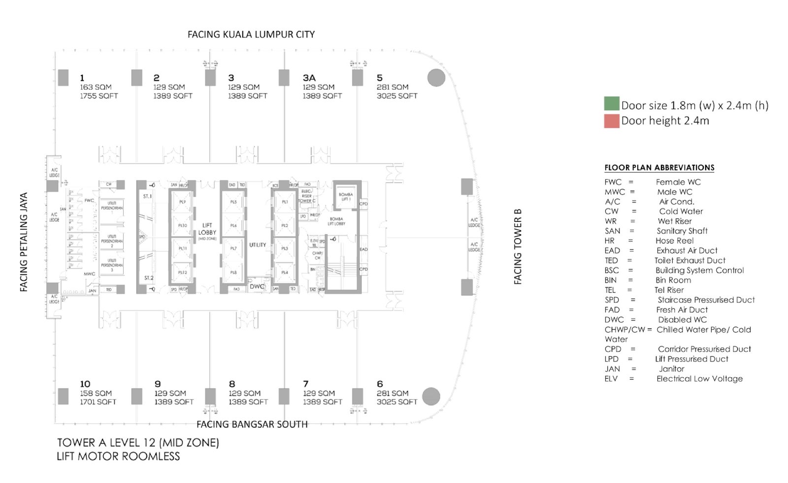 Duo Tower Tower A Level 12 floor plan (mid zone), with the 1,701 sq ft office unit
