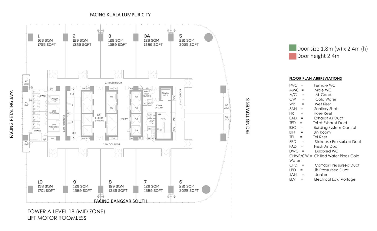 Duo Tower Tower A Level 18 floor plan (mid zone), with the 1,389 sq ft office units