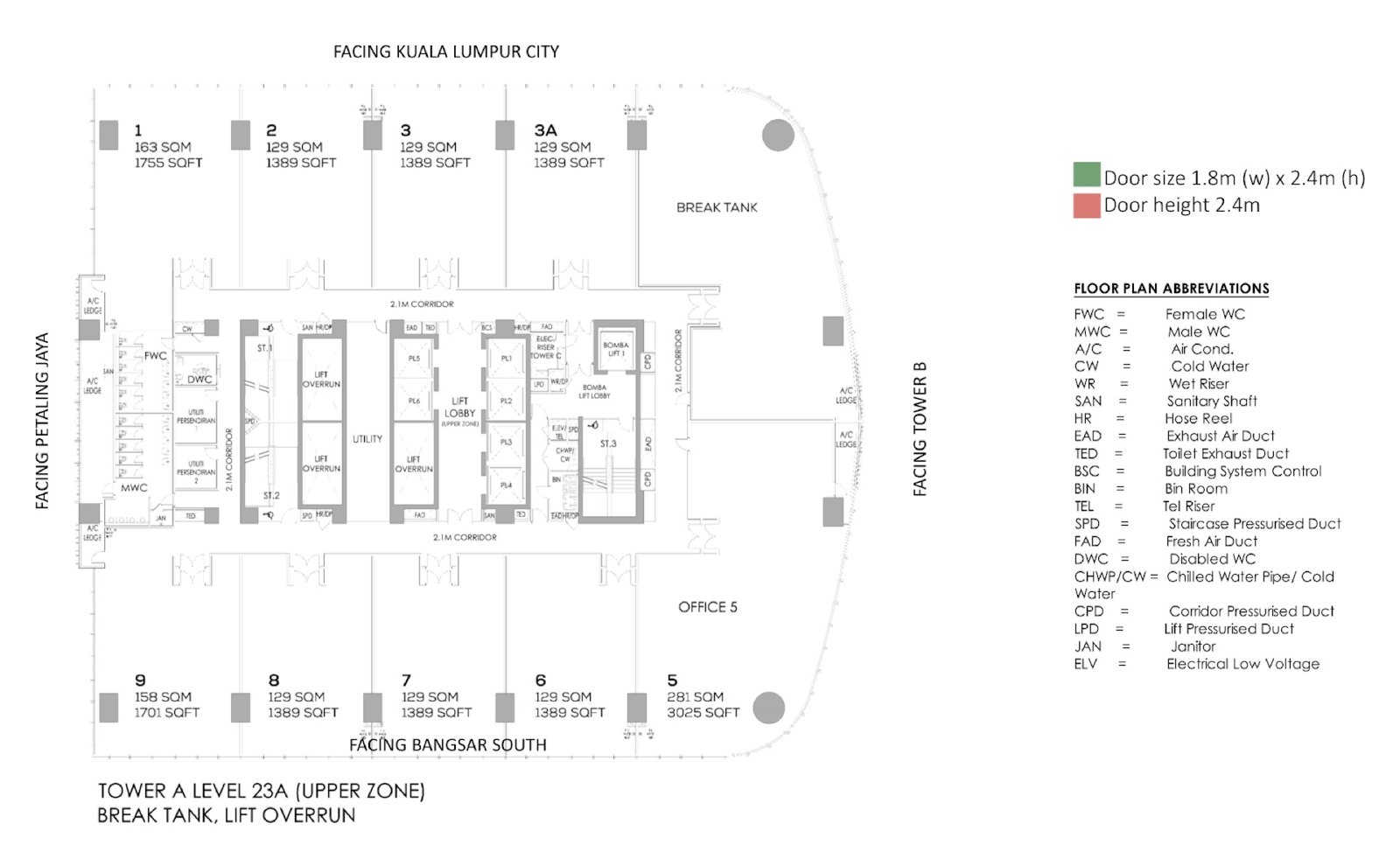 Duo Tower Tower A Level 23A floor plan (upper zone), with a 3,025 sq ft office unit
