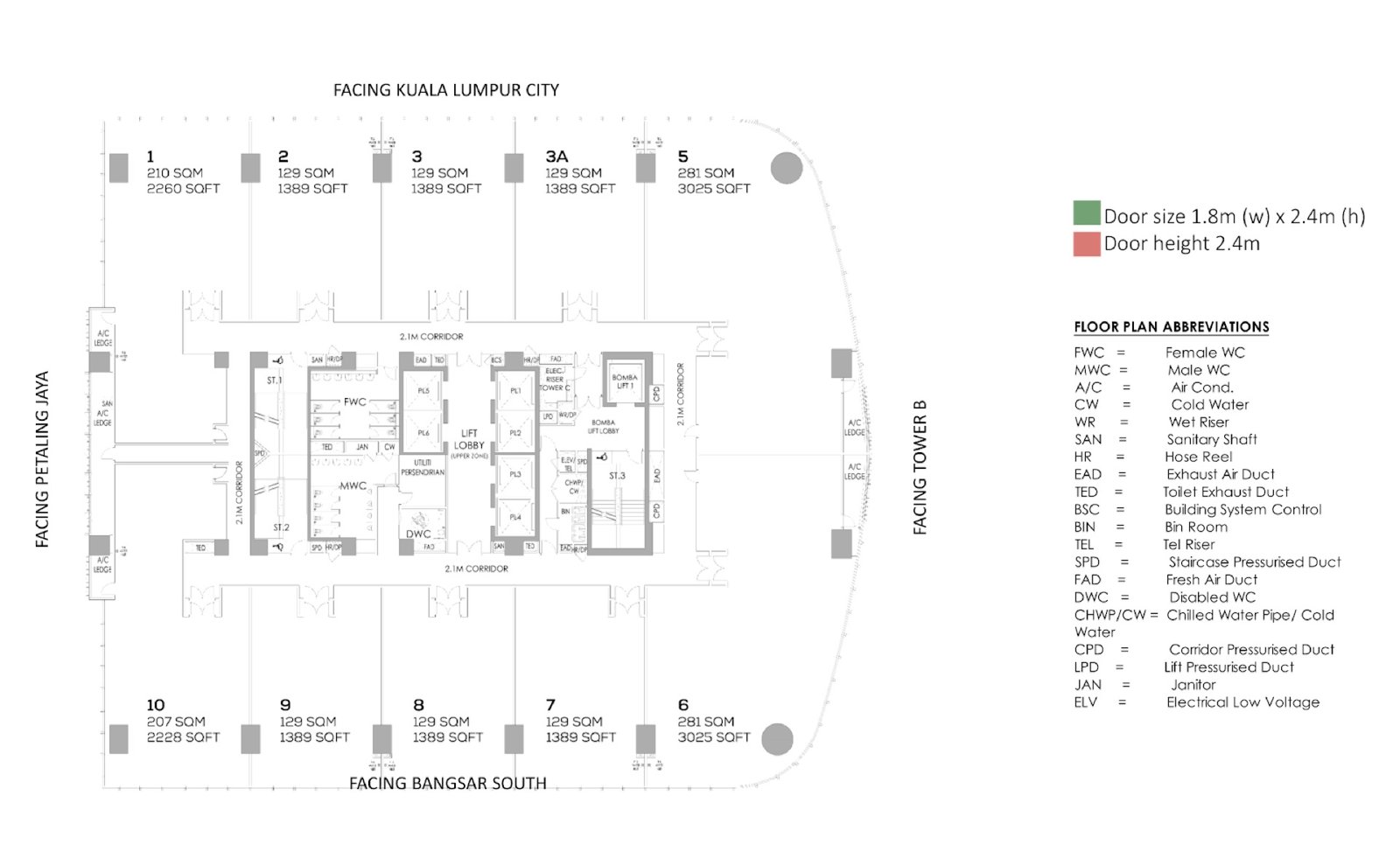 Duo Tower Tower A upper-zone floor plan, with the 2,228 and 2,260 sq ft office units