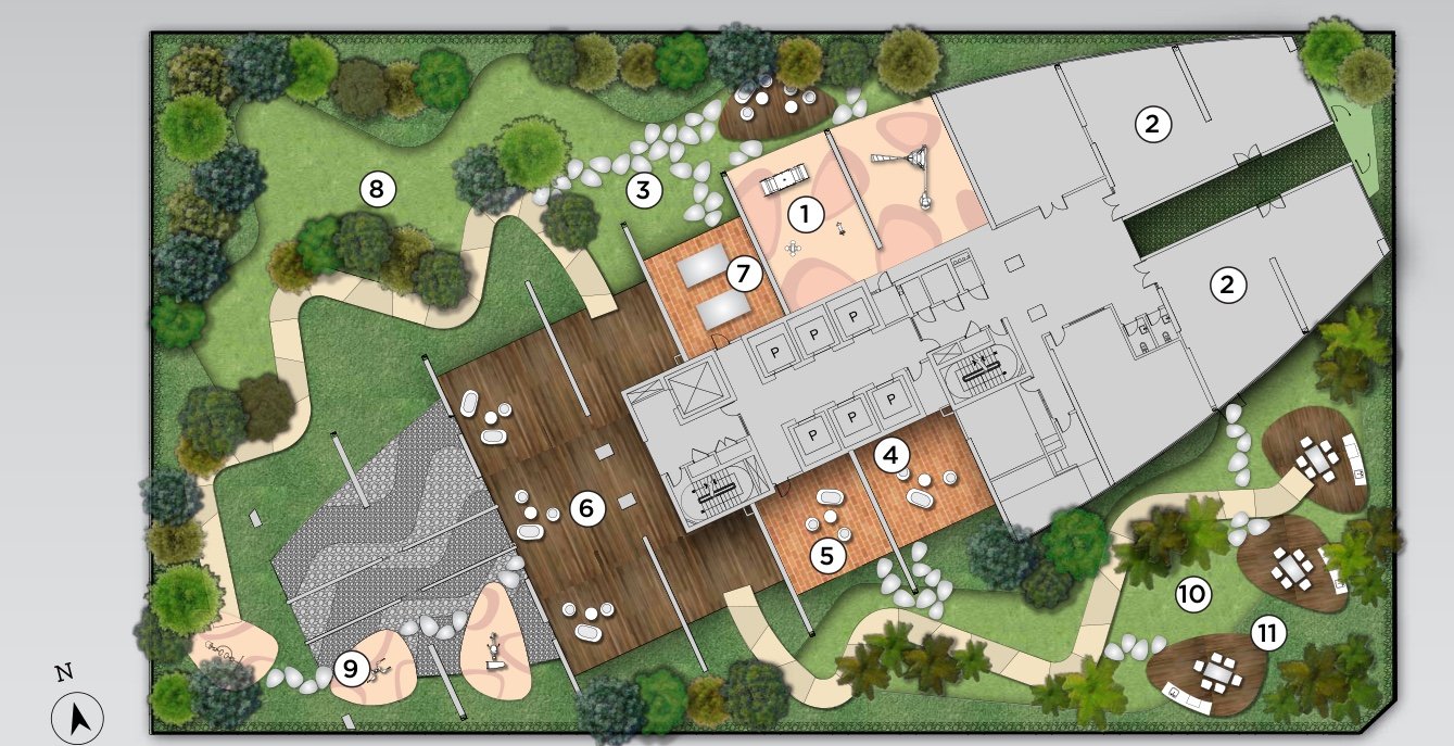 Eaton Residences facilities deck plan with playground, lawn and BBQ pods