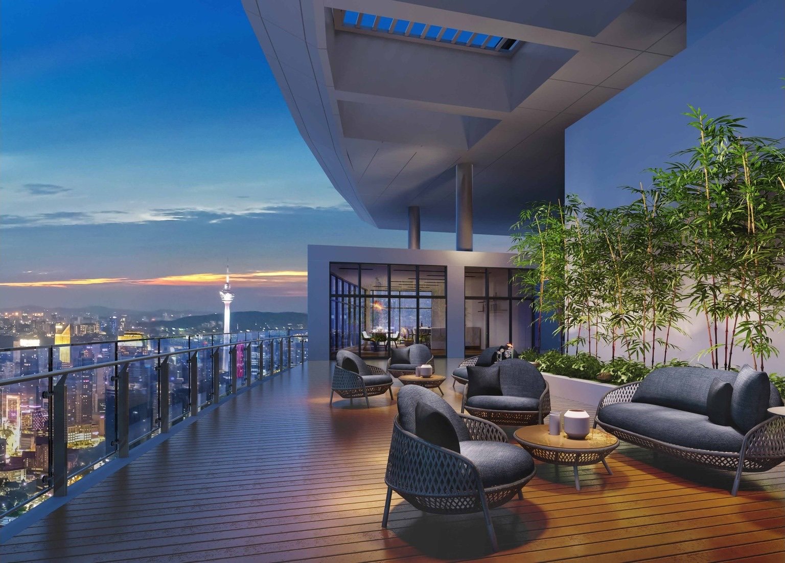 Eaton Residences chill-out terrace at dusk: artist's impression