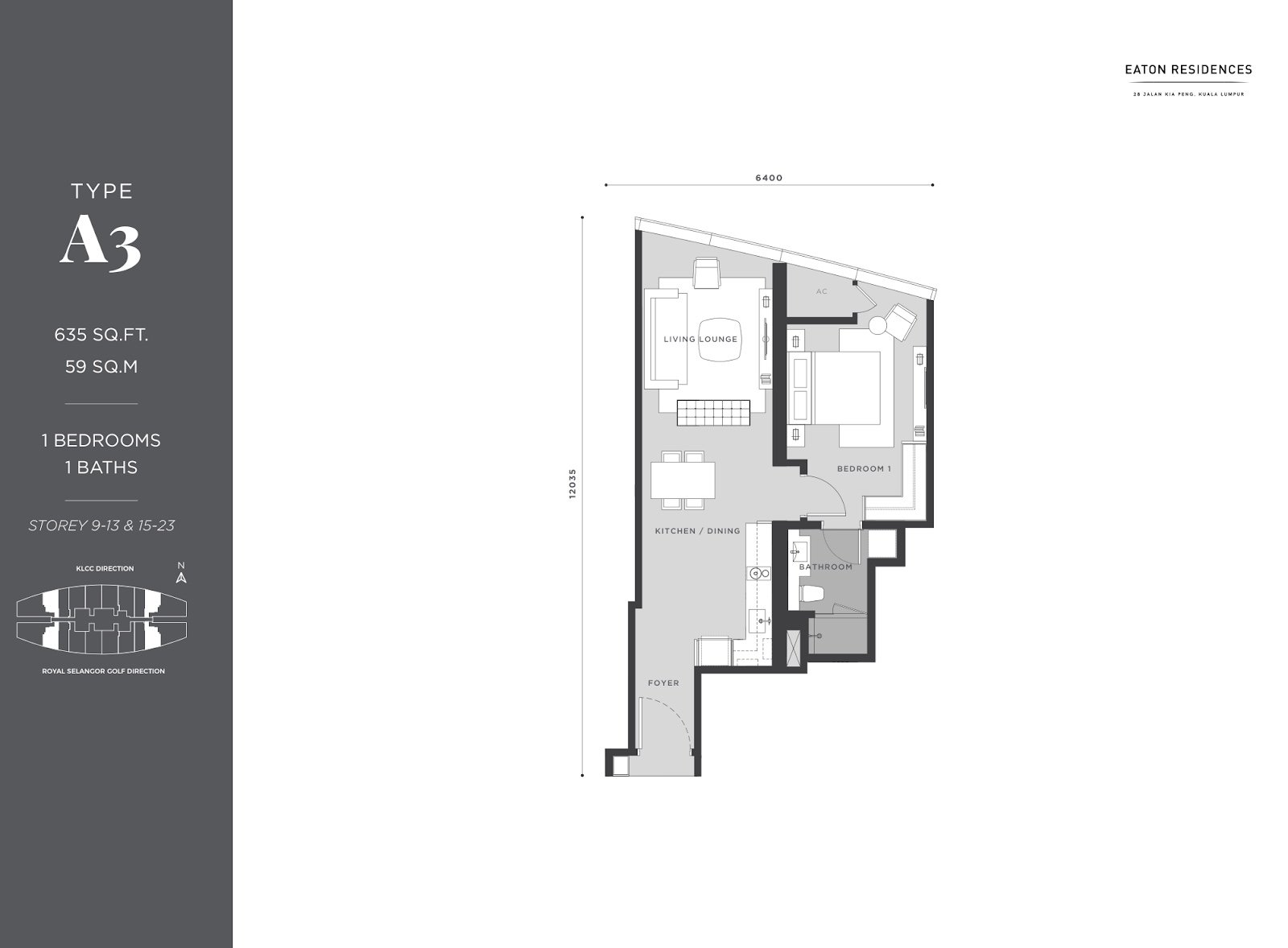 Eaton Residences Type A3 floor plan, 1 bedroom, 635 sq ft