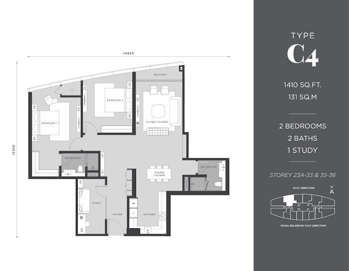 Eaton Residences Type C4 floor plan, 2 bedrooms + study, 1,410 sq ft
