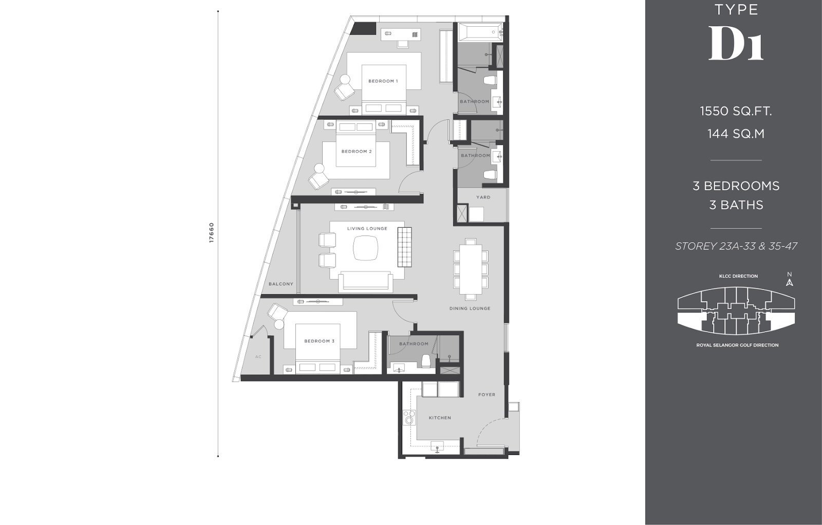 Eaton Residences Type D1 floor plan, 3 bedrooms, 1,550 sq ft