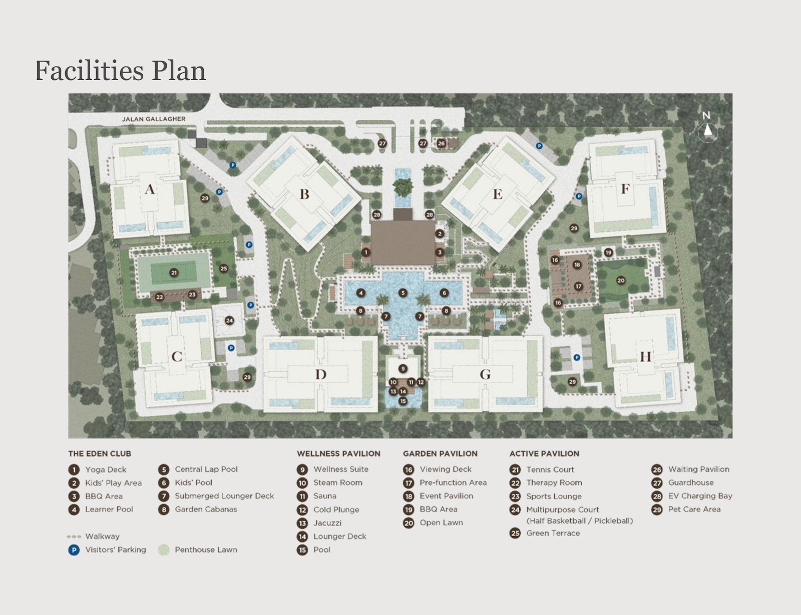 EDEN Taman Duta facilities plan showing Blocks A to H and the four facility zones