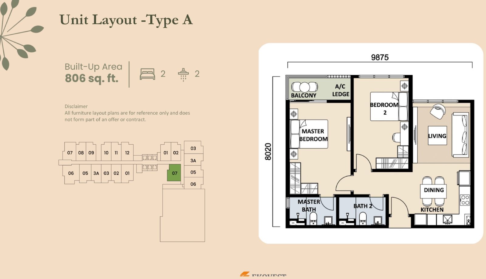 EkoTitiwangsa Type A floor plan, 2 bedroom, 806 sq ft