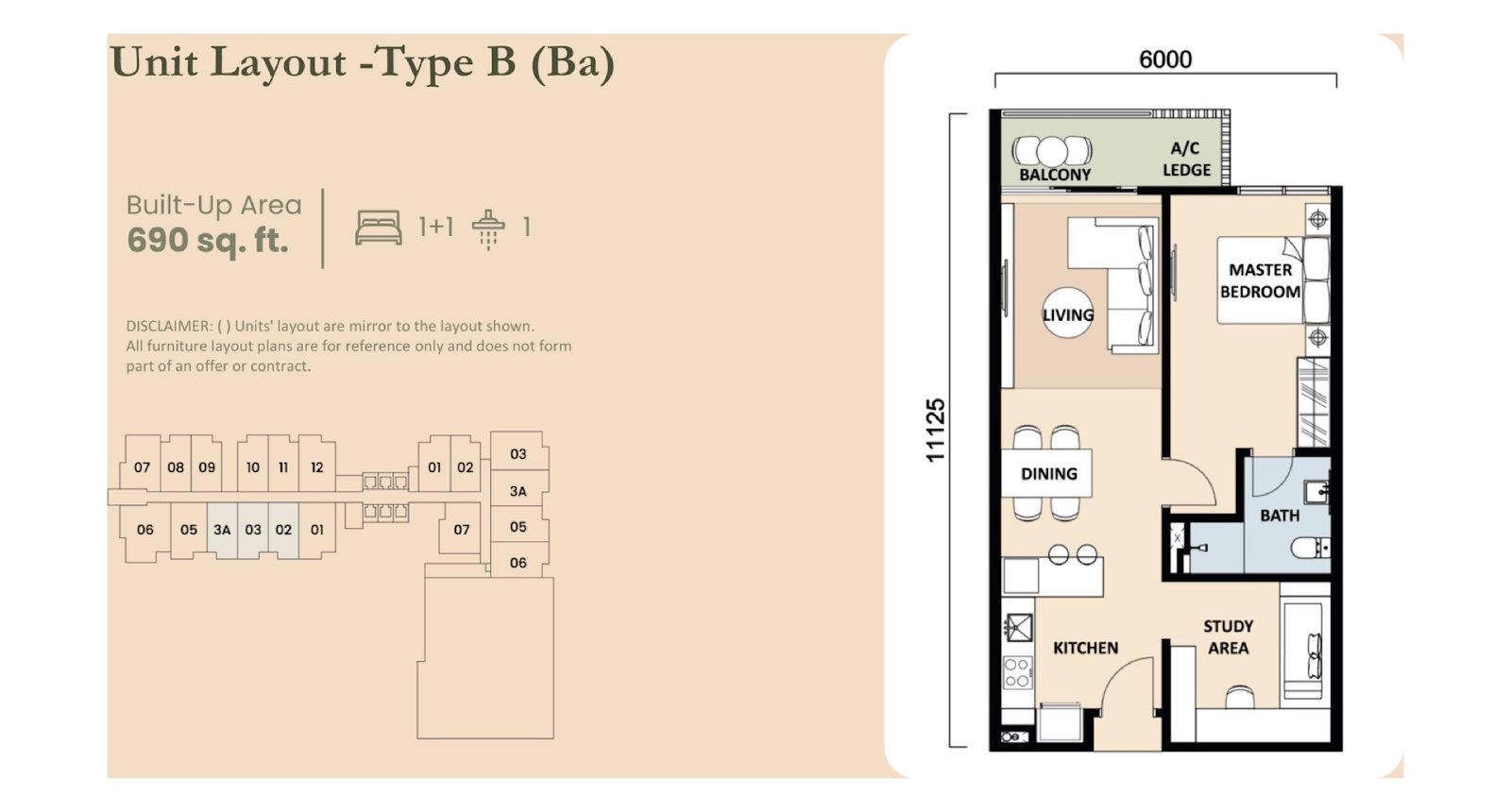 EkoTitiwangsa Type B (Ba) floor plan, 1+1 bedroom, 690 sq ft