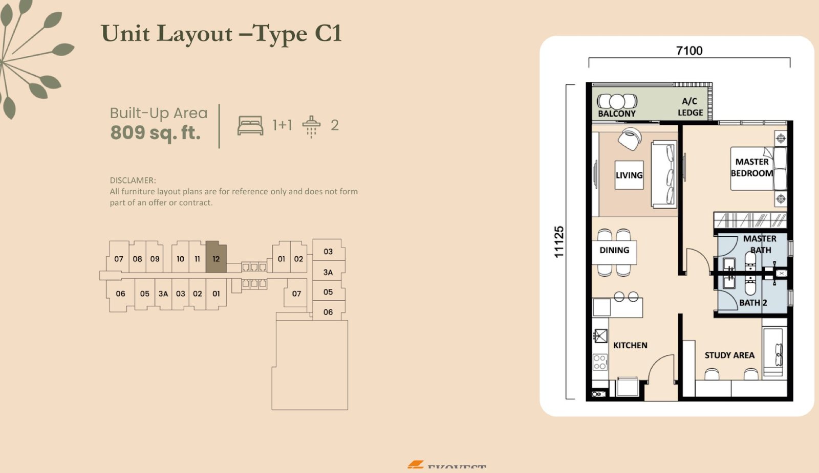 EkoTitiwangsa Type C1 floor plan, 1+1 bedroom, 809 sq ft