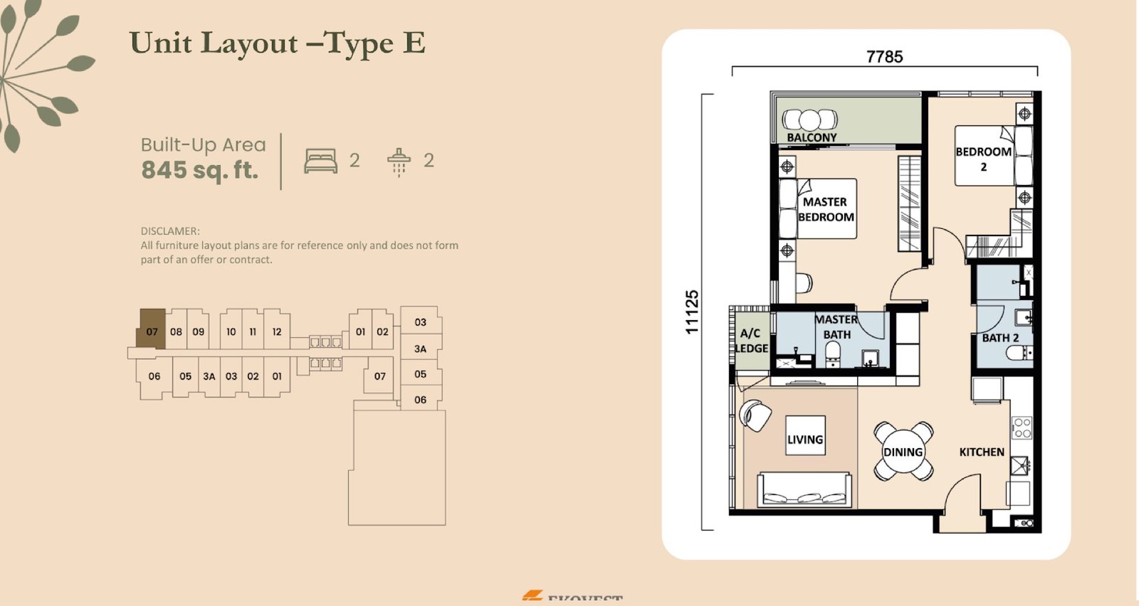 EkoTitiwangsa Type E floor plan, 2 bedroom, 845 sq ft