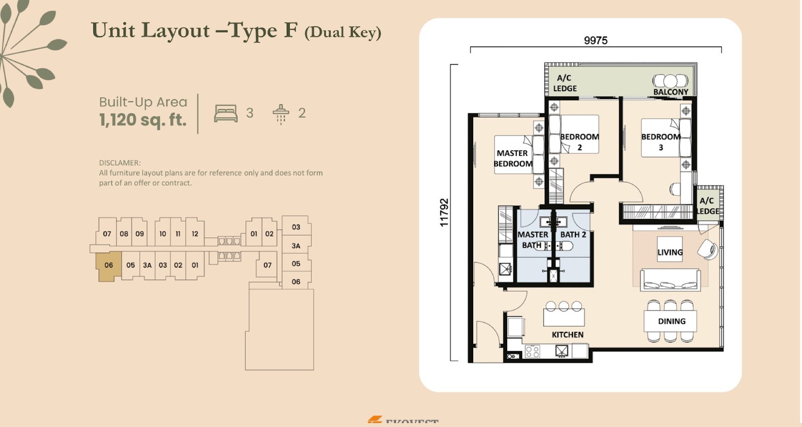 EkoTitiwangsa Type F floor plan, 3 bedroom dual key, 1,120 sq ft