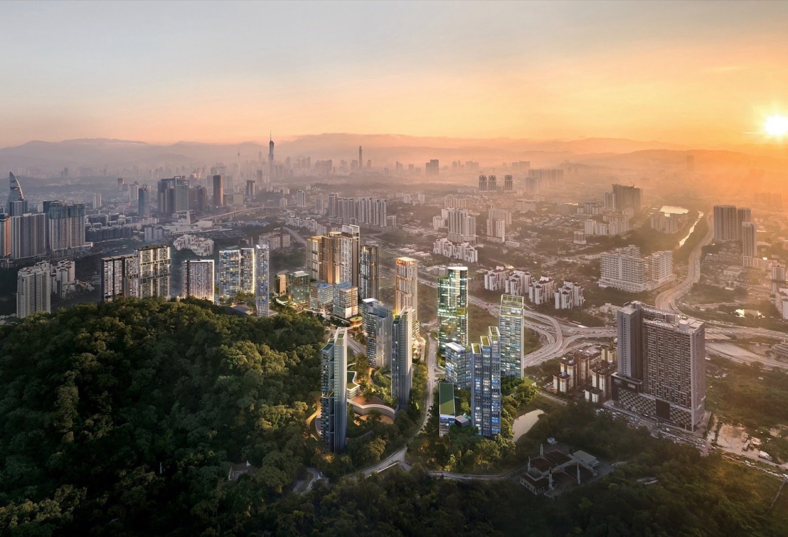 Pantai Sentral Park beside the Bukit Kerinchi forest at sunset: artist's impression