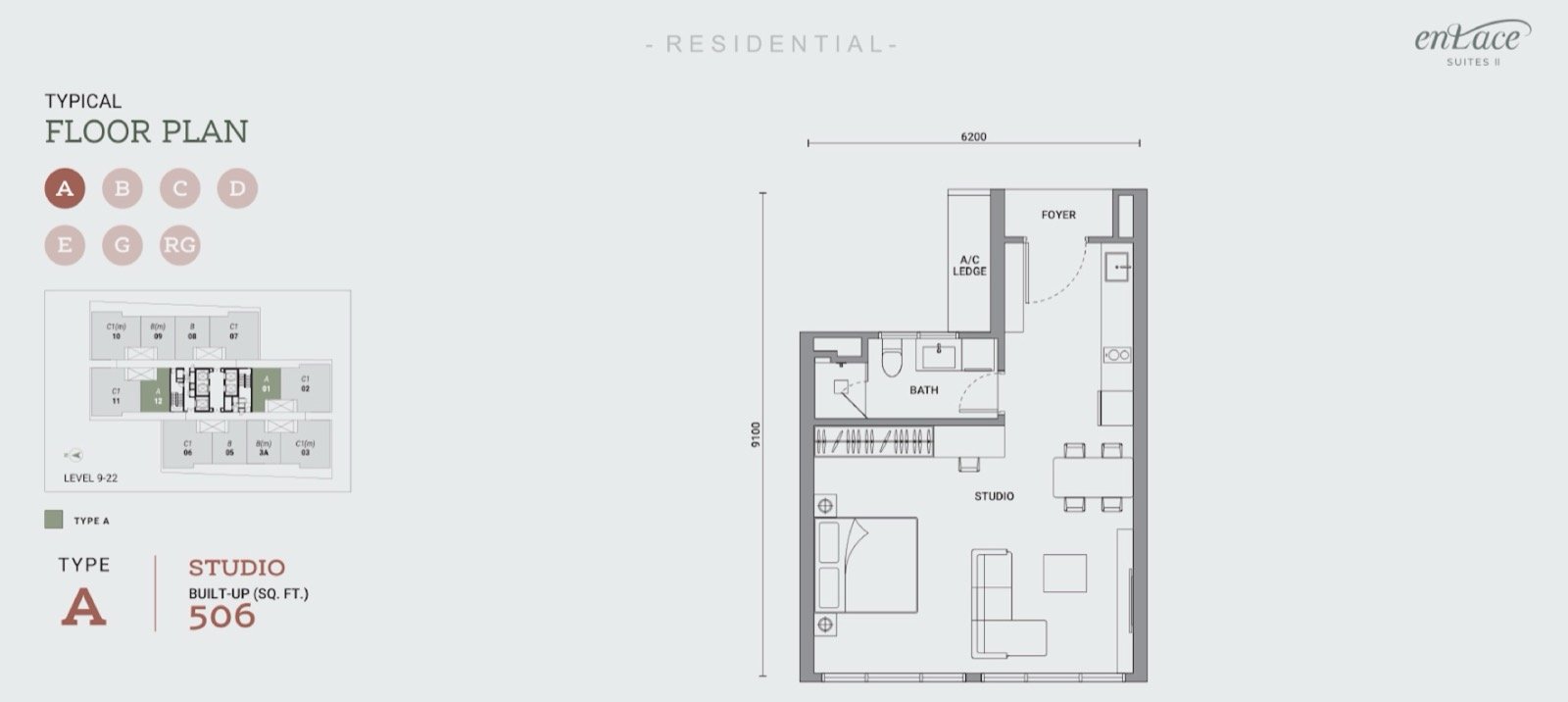 Enlace Suites II Type A floor plan, studio, 506 sq ft