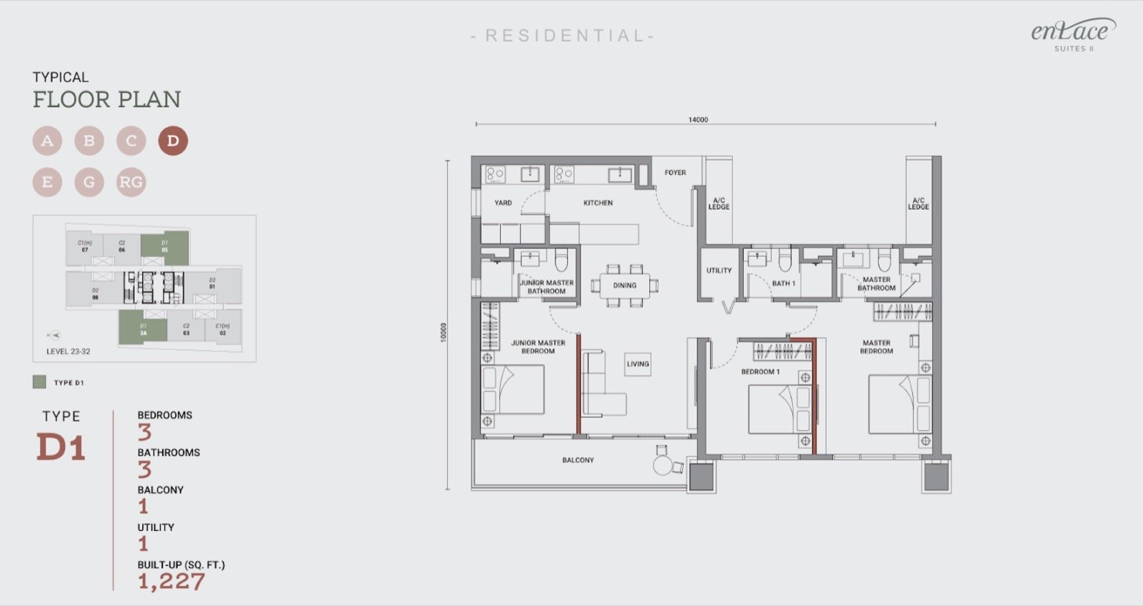 Enlace Suites II Type D1 floor plan, 3 bedrooms, 1,227 sq ft