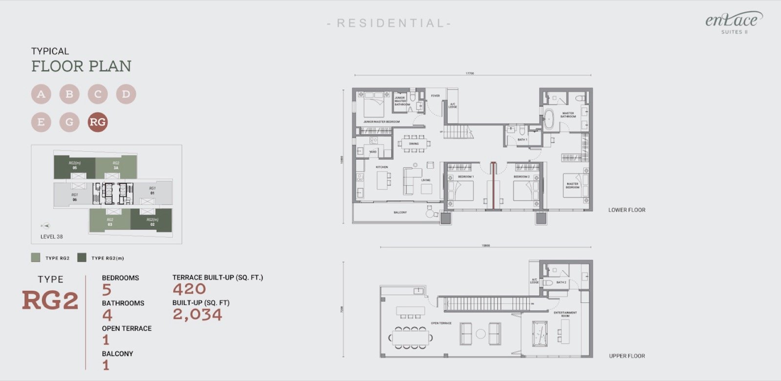 Enlace Suites II Type RG2 floor plan, 5-bedroom duplex with open terrace, 2,034 sq ft
