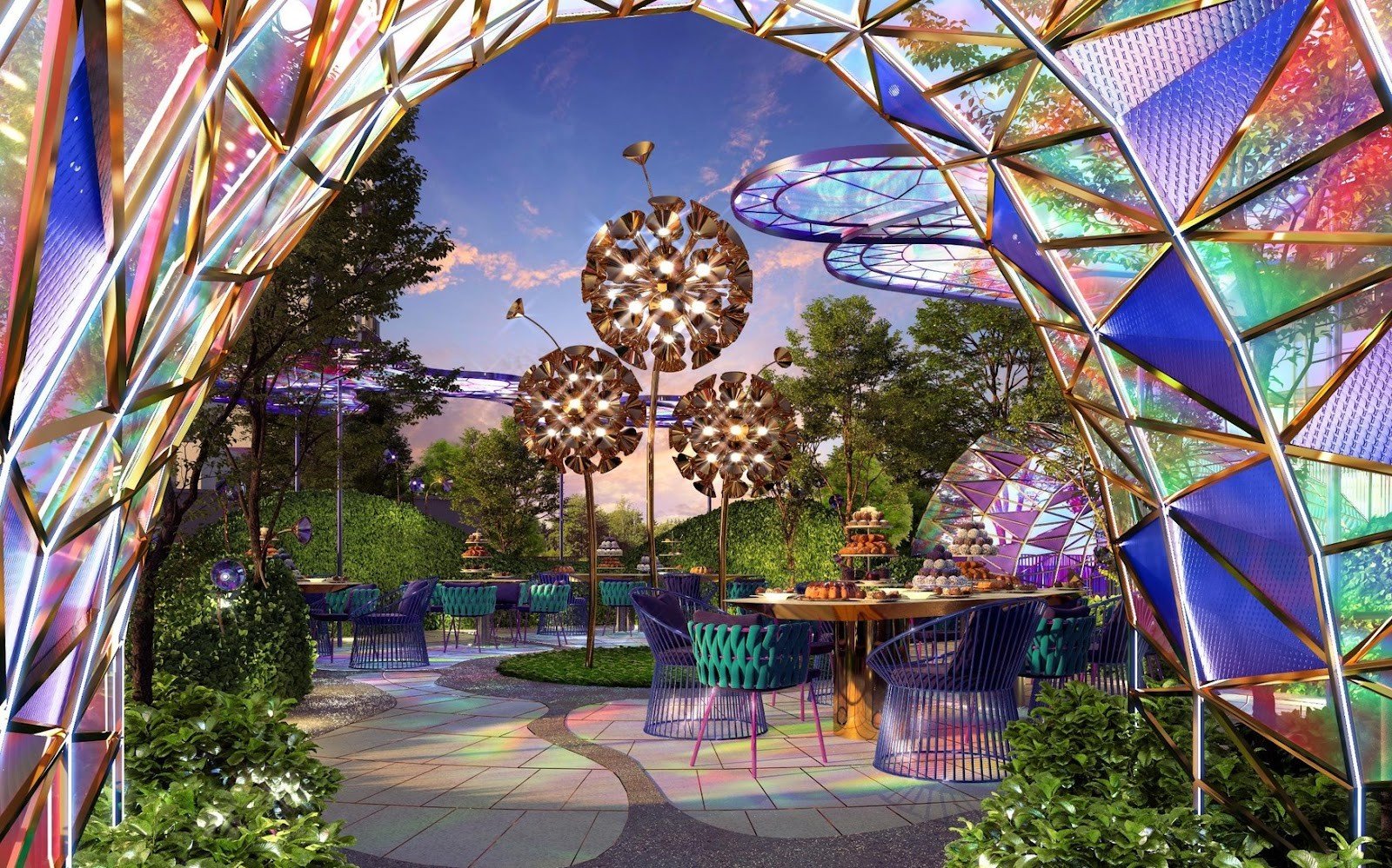 Est8 @ Seputeh courtyard dining under a coloured glass arch: artist's impression