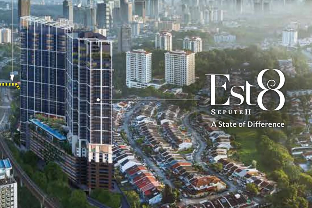 Est8 @ Seputeh towers seen from the air, with the project logo: artist's impression