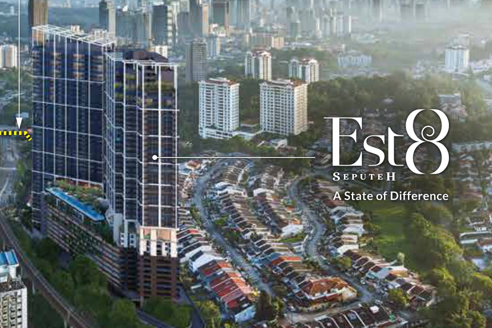 Est8 @ Seputeh towers seen from the air, with the project logo: artist's impression