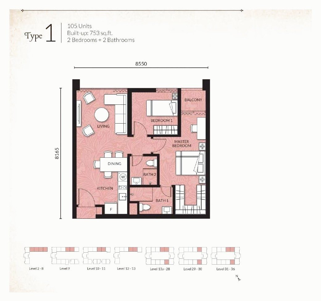Est8 @ Seputeh Type 1 floor plan, 2 bedroom, 753 sq ft