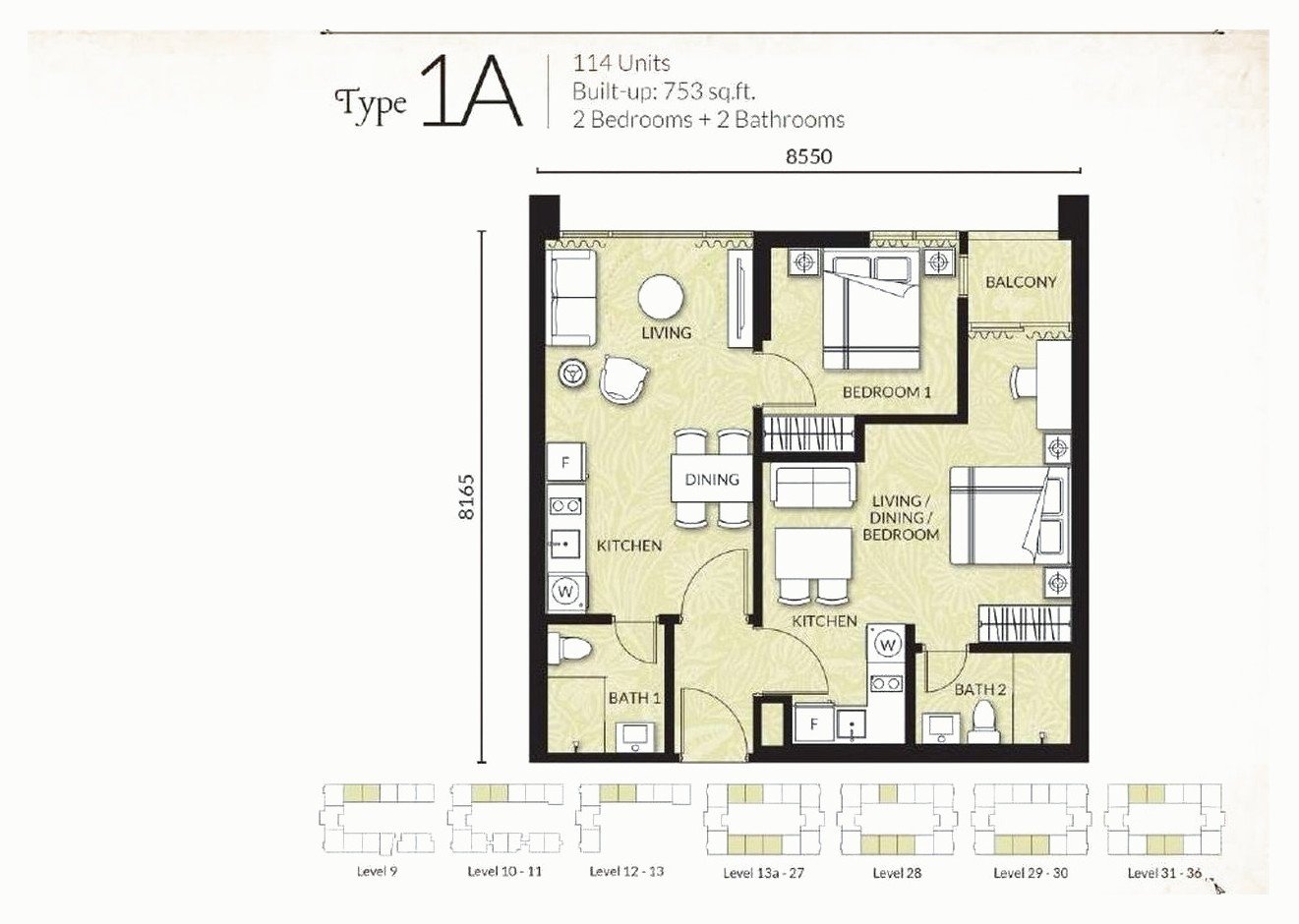 Est8 @ Seputeh Type 1A floor plan, 2 bedroom with two kitchens, 753 sq ft