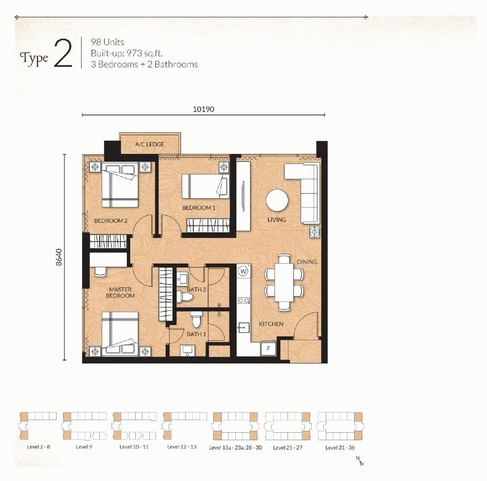 Est8 @ Seputeh Type 2 floor plan, 3 bedroom, 973 sq ft