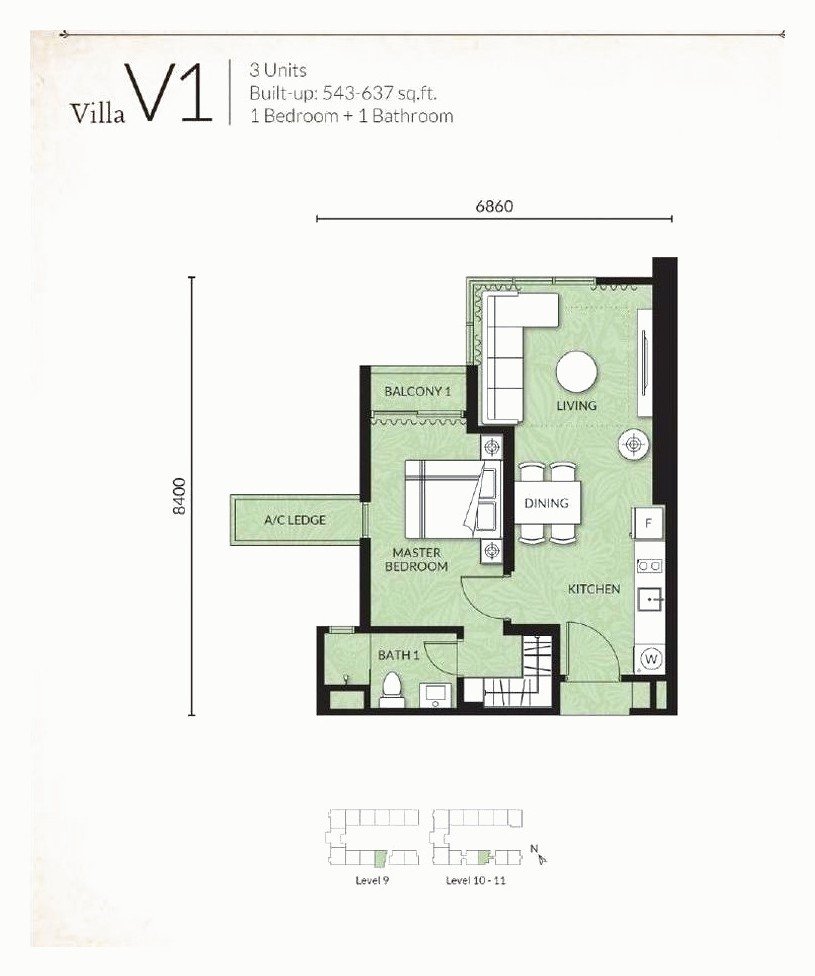 Est8 @ Seputeh Villa V1 floor plan, 1 bedroom, 543 to 637 sq ft