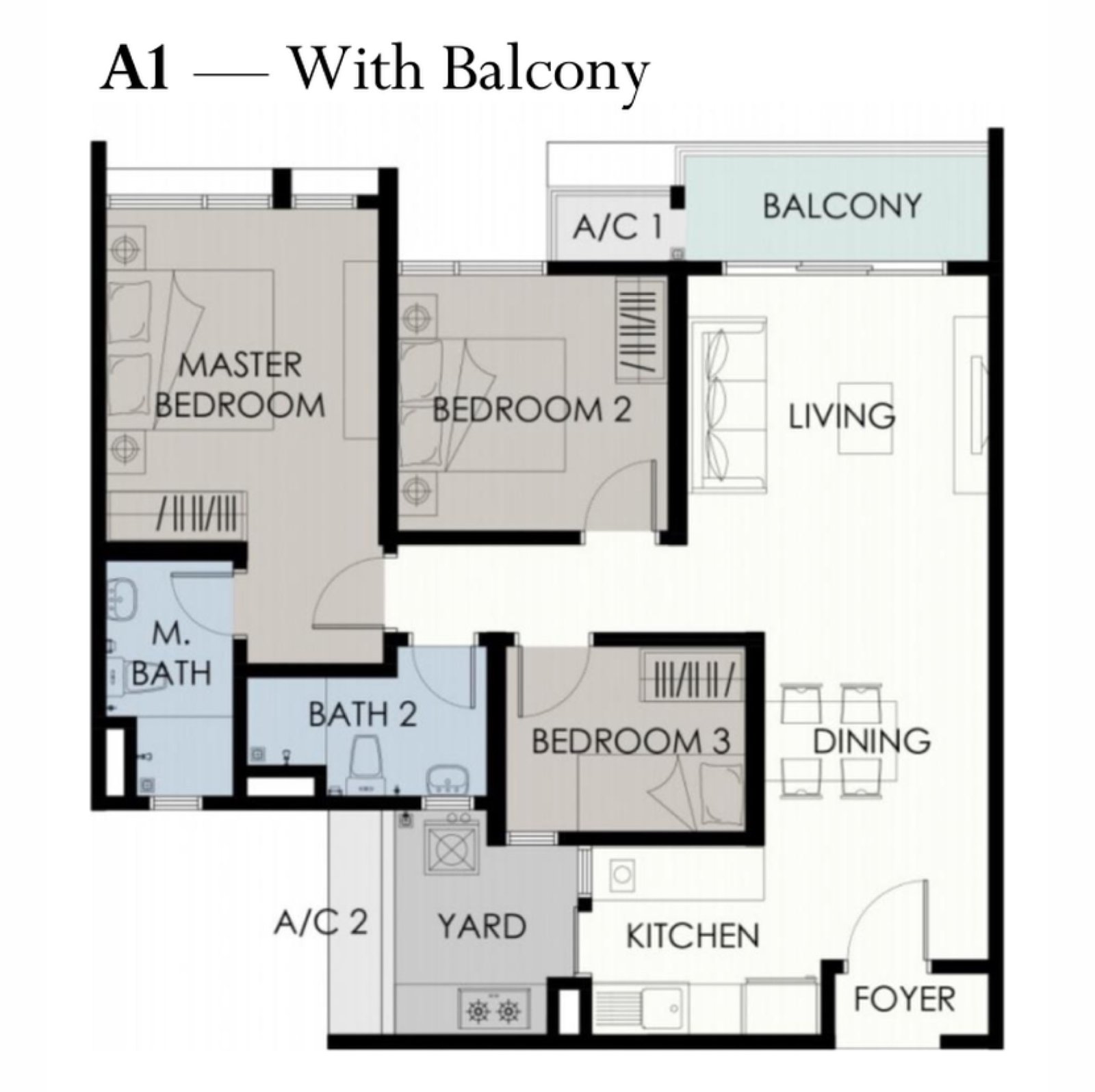 Forest Hill Residences Type A1 floor plan, 3 bedroom with balcony, 953 sq ft