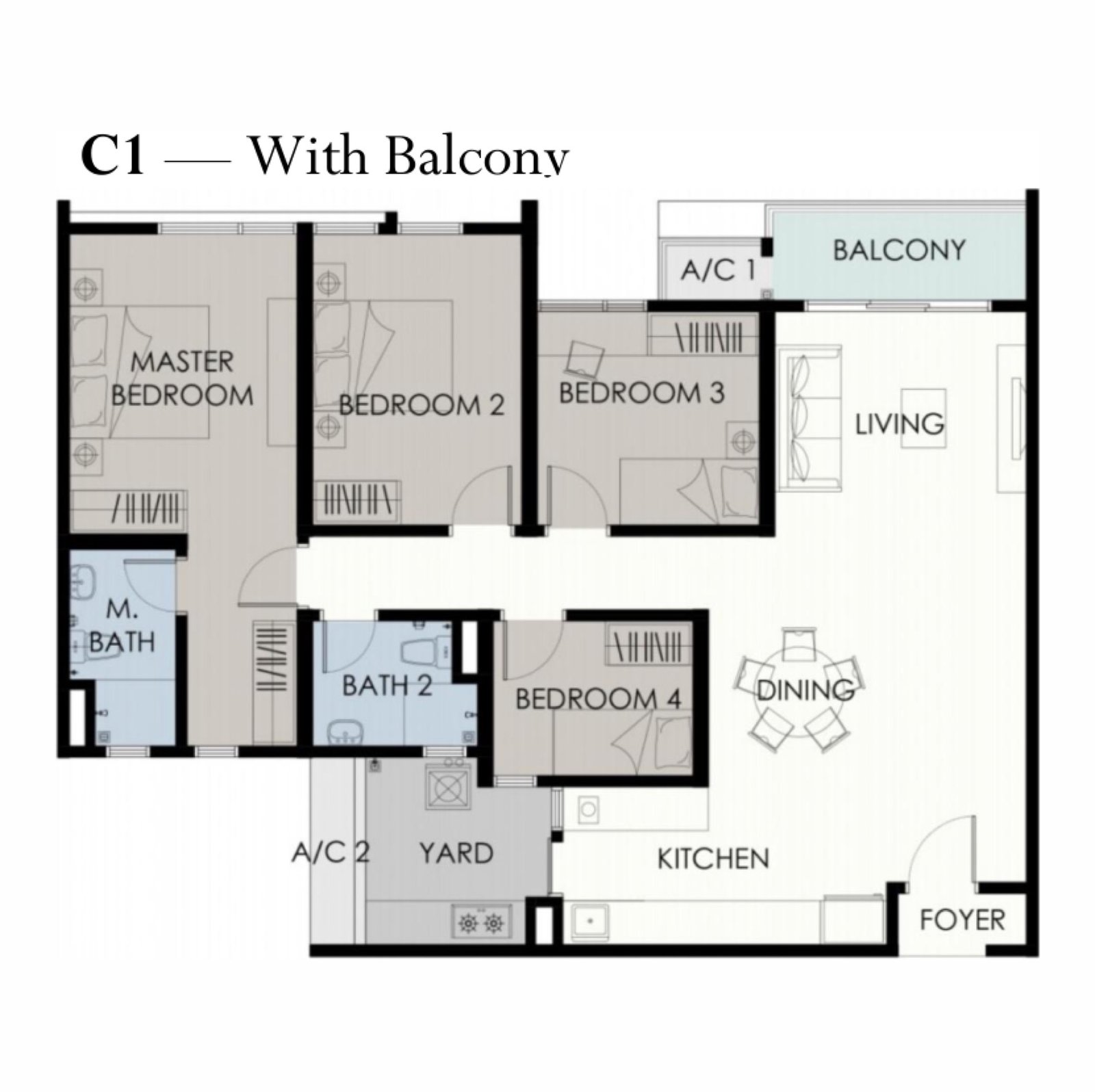 Forest Hill Residences Type C1 floor plan, 4 bedroom with balcony, 1,259 sq ft