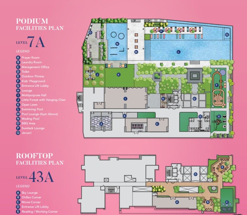 Gen Starz Residences Level 7A podium and Level 43A rooftop facilities plans
