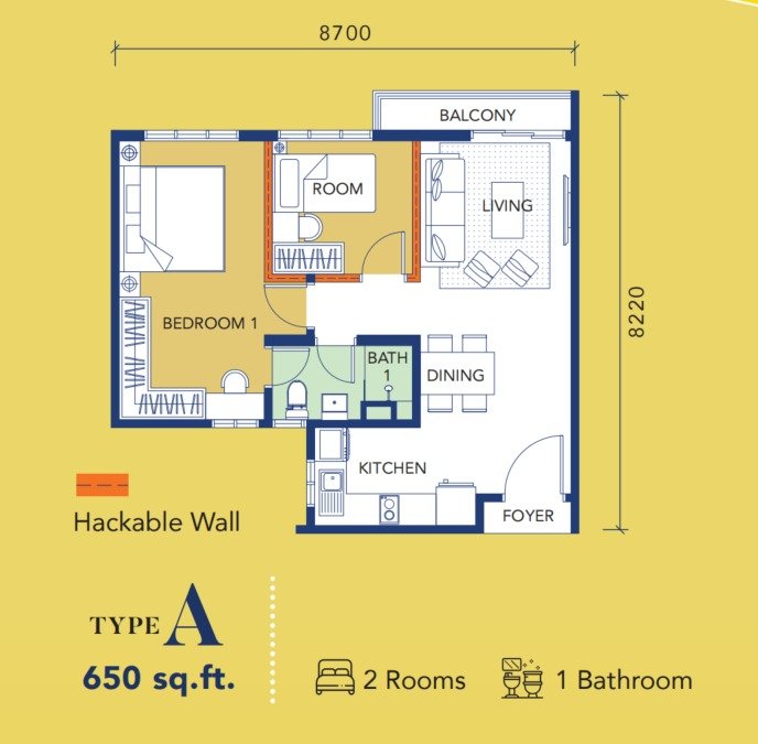 Gen Starz Residences Type A floor plan, 2 bedroom, 650 sq ft